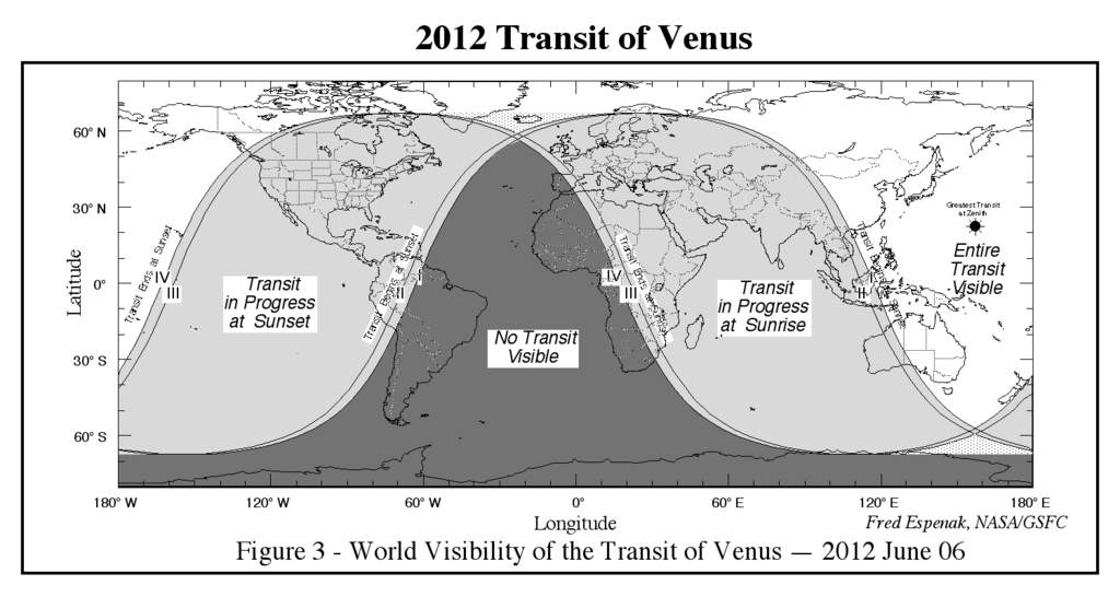 Obszar widoczności tranzytu Wenus 6 czerwca 2012 roku