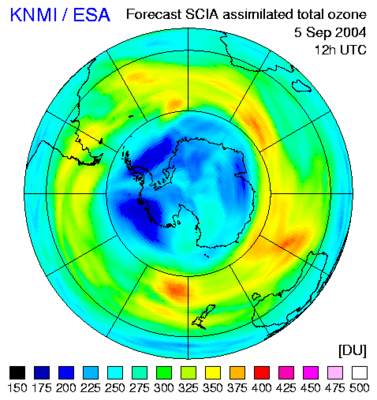 Diagram grubości warstwy ozonowej z 5 września