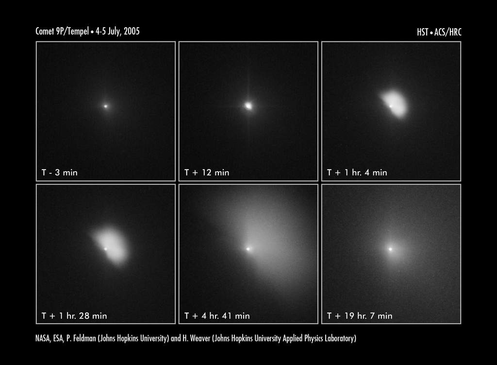 Tempel 1 przed i po uderzeniu Deep Impact widziana z Hubble'a
