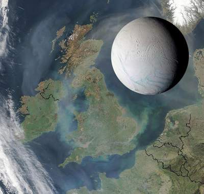 Enceladus na tle Wielkiej Brytanii