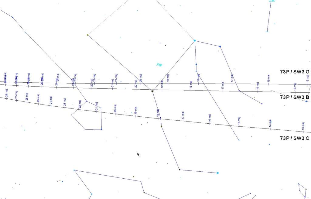 Mapa przelotu komety 73P/ Schwassmann-Wachmann 3  - druga połowa maja