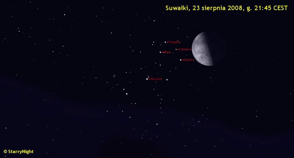 Animacja zakrycia Plejad przez Księżyc 23 sierpnia 2008 r.