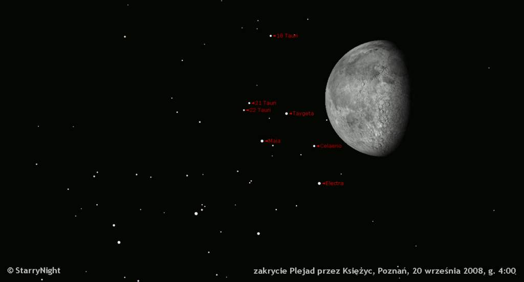 zakrycie Plejad przez Księżyc 20 września 2008