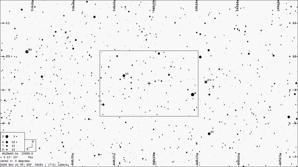 mapka fragmentu nieba z gwiazdą HD 27505 (oznaczona krzyżykiem)