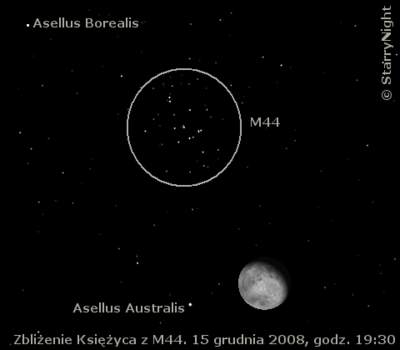 15 grudnia 2008 wieczorem Księżyc zbliży się na trochę ponad 2° do M44