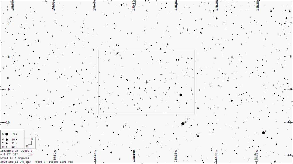 mapka okolicy gwiazdy HIP 76603 zakrywanej 15 grudnia 2008 przez planetoidę 1991 VZ5
