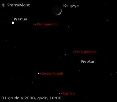 zbliżenie Księżyca z Wenus i Neptunem 31 grudnia 2008