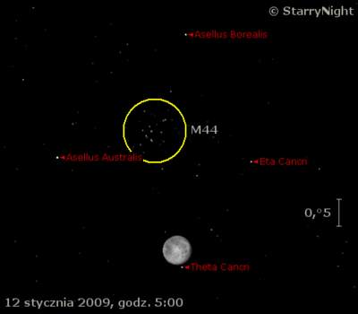 Przejście Księżyca niedaleko M44 12 stycznia 2009