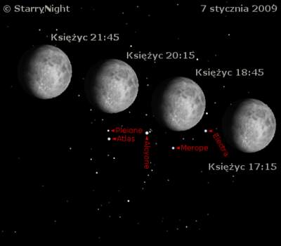 Zakrycie Plejad przez Księżyc 7 stycznia 2009 roku