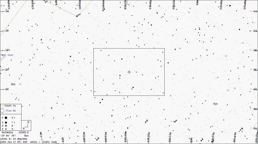 Mapka okolic gwiazdy HIP 46511 zakrywanej 17 styczna 2009 przez planetoidę 2105 Gudy.