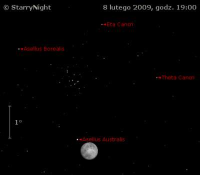 Położenie Księzyca i M44 wieczorem 8 lutego 2009.