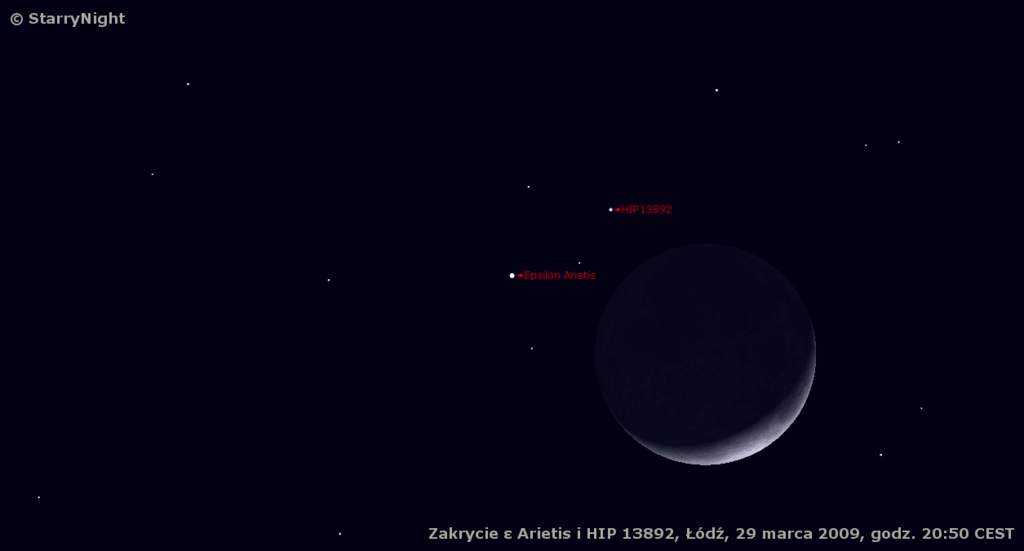 Animacja zakrycia ε Ari i HIP 13892 przez Księżyc 29 marca 2009