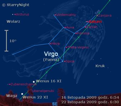 Położenie Wenus i Saturna w trzecim tygodniu listopada 2009