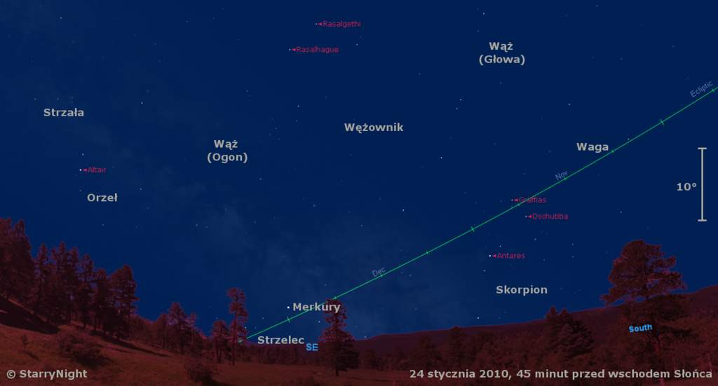 Położenie Merkurego w trzecim tygodniu stycznia 2010