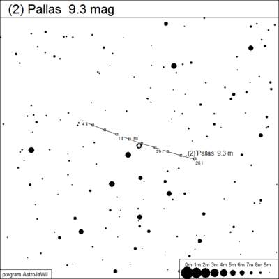 Bardziej szczegółowa mapka pozycji Pallas wśród gwiazd
