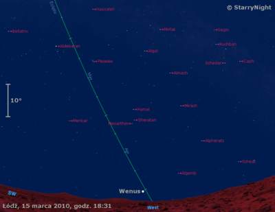 Położenie Wenus na wieczornym niebie w 2010 roku