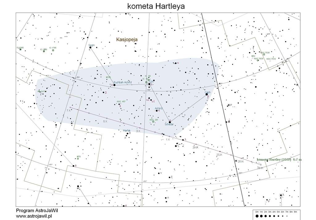 Położenie komety Hartleya na przełomie września i października 2010