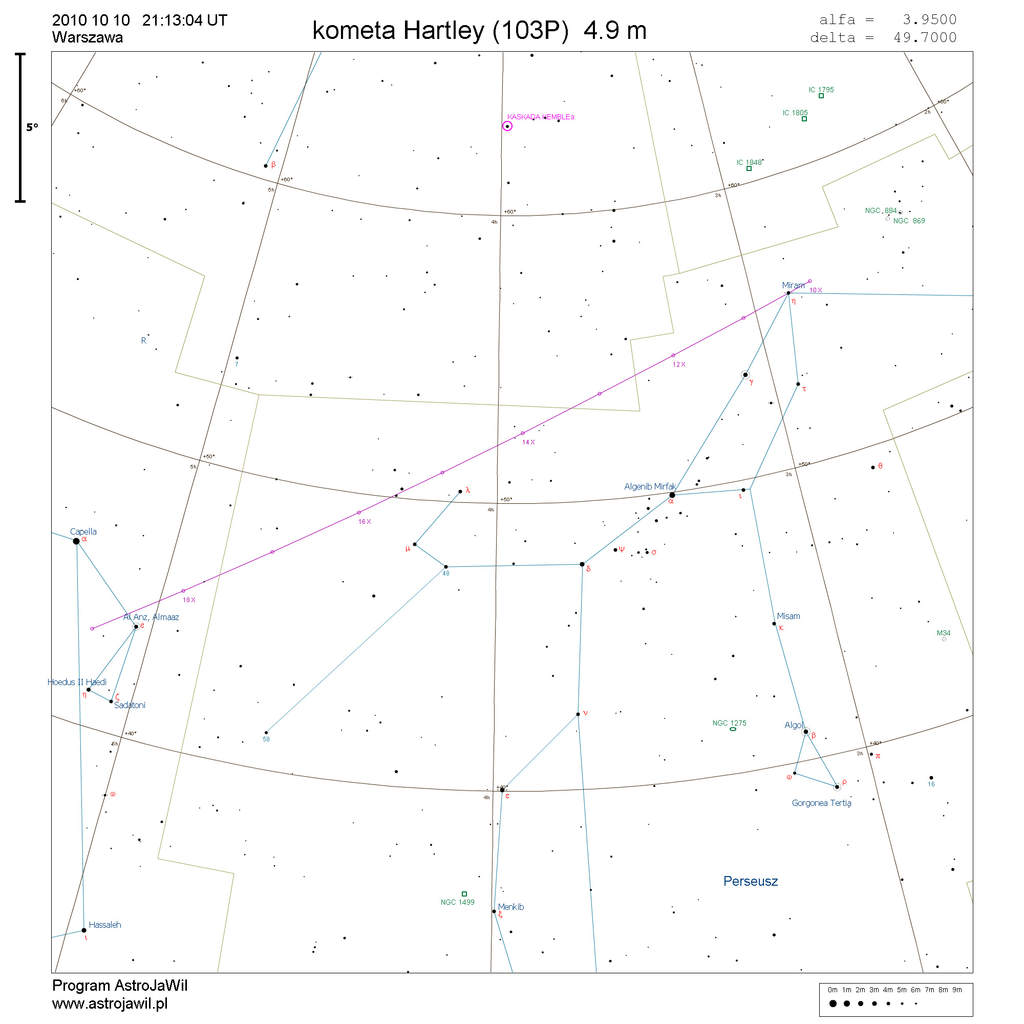Położenie komety Hartleya w drugim tygodniu października 2010