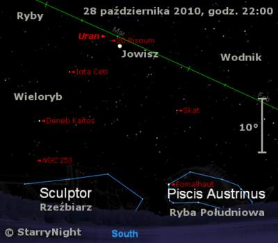 Położenie Jowisza i Urana w ostatnim tygodniu  października 2010