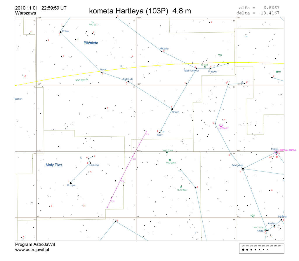 Położenie komety Hartleya 2 w pierwszym tygodniu listopada 2010