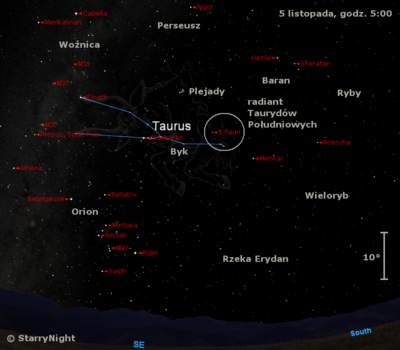 Położenie radiantu roju meteorów Taurydów Południowych