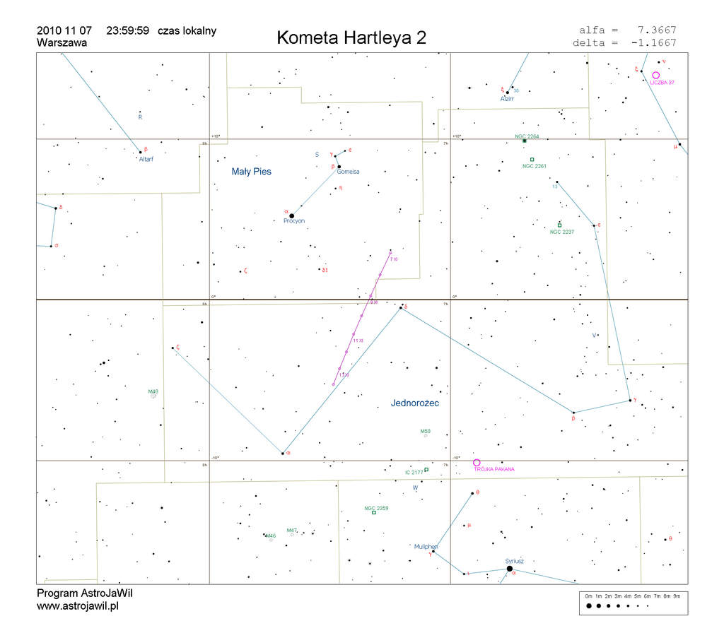 Położenie komety Hartleya 2 w drugim tygodniu listopada 2010