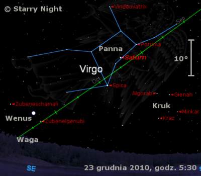 Położenie Wenus i Saturna w czwartym tygodniu grudnia 2010.