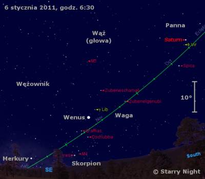 Położenie Wenus, Saturna i Merkurego w pierwszym tygodniu stycznia 2011
