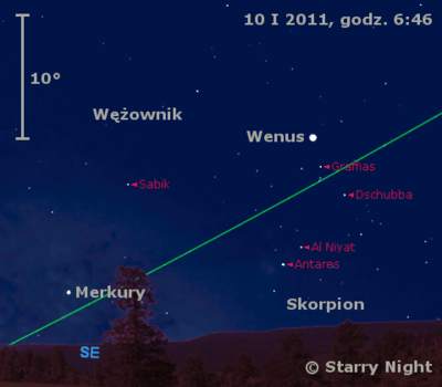 Położenie Wenus i Merkurego w drugim tygodniu stycznia 2011