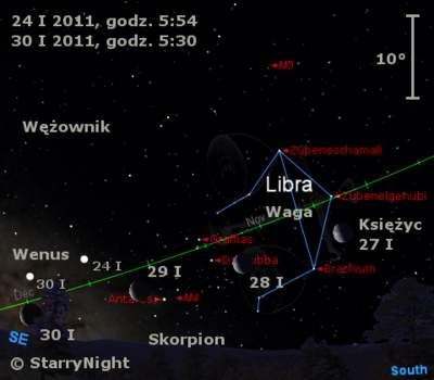 Położenie Księżyca i Wenus w czwartym tygodniu stycznia 2011