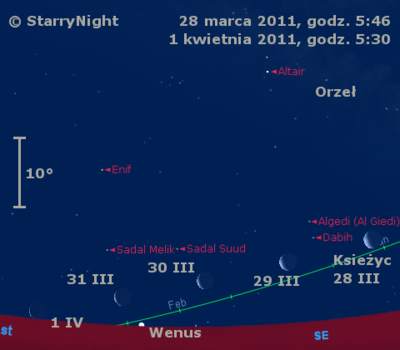 Położenie Księżyca i Wenus na przełomie marca i kwietnia 2011