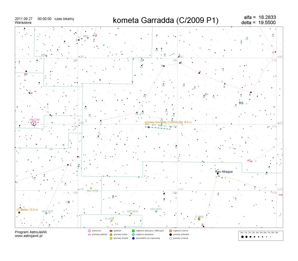 Położenie komety  Garradda na przełomie września i października 2011