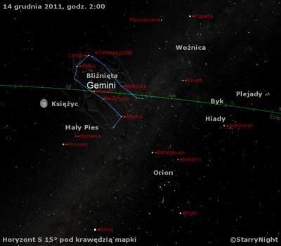 Położenie radiantu Geminidów 14 grudnia 2011 r.