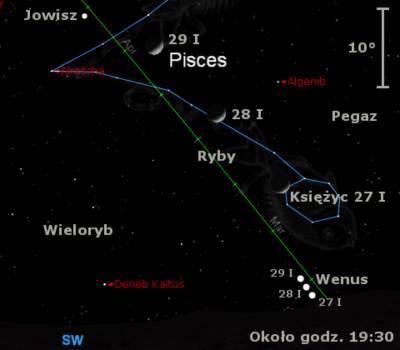 Położenie Wenus, Jowisza i Księżyca pod koniec trzeciej dekady stycznia 2012