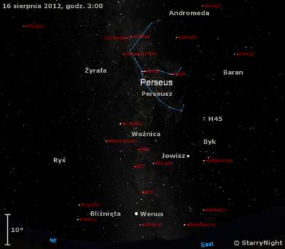Położenie radiantu Perseidów oraz Jowisza i Wenus w trzecim tygodniu sierpnia 2012 r,