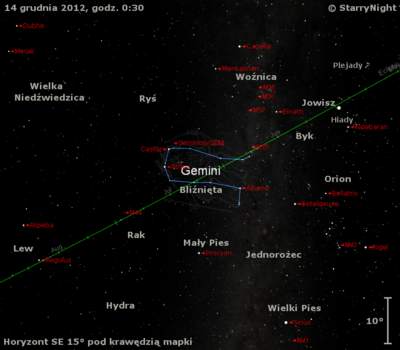 Położenie radiantu Geminidów w trzecim tygodniu grudnia 2012 r.