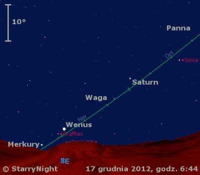 Położenie Saturna, Wenus i Merkurego w trzecim tygodniu grudnia 2012 r.