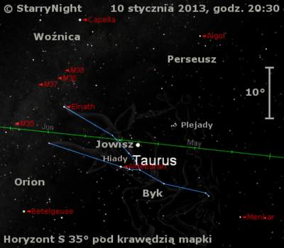 Położenie Jowisza w drugim tygodniu stycznia 2013 r.