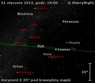 Położenie Jowisza na przełomie stycznia i lutego 2013 r.