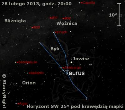 Położenie Jowisza na przełomie lutego  i marca 2013 r.