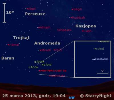 Położenie Księżyca i komety C/2011 L4 (PanSTARRS) w ostatnim tygodniu marca 2013