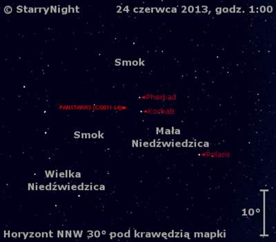 Położenie Księżyca i komety C/2011 L4 (PanSTARRS) w ostatnim tygodniu czerwca 2013 r.