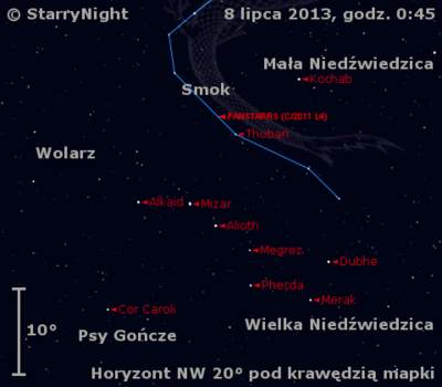 Położenie Księżyca i komety C/2011 L4 (PanSTARRS) w drugim tygodniu lipca 2013