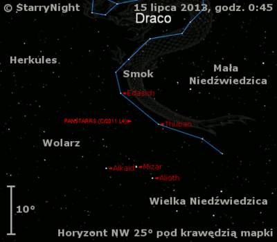 Położenie Księżyca i komety C/2011 L4 (PanSTARRS) w trzecim tygodniu lipca 2013