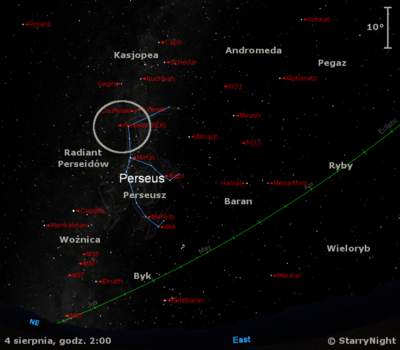 Położenie radiantu Perseidów na przełomie lipca i sierpnia 2013 r.