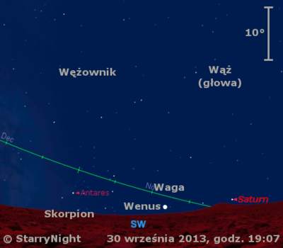 Położenie Wenus i Saturna w pierwszym tygodniu października 2013 r.