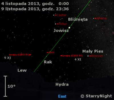 Położenie Jowisza i komety Lovejoya (C/2013 R1) w końcu pierwszej dekady listopada 2013 r.