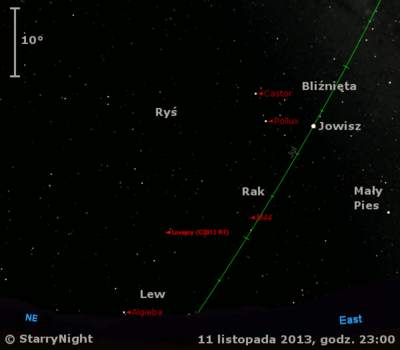 Położenie Jowisza i komety C/2013 R1 (Lovejoy) na początku drugiej dekady listopada 2013 r.