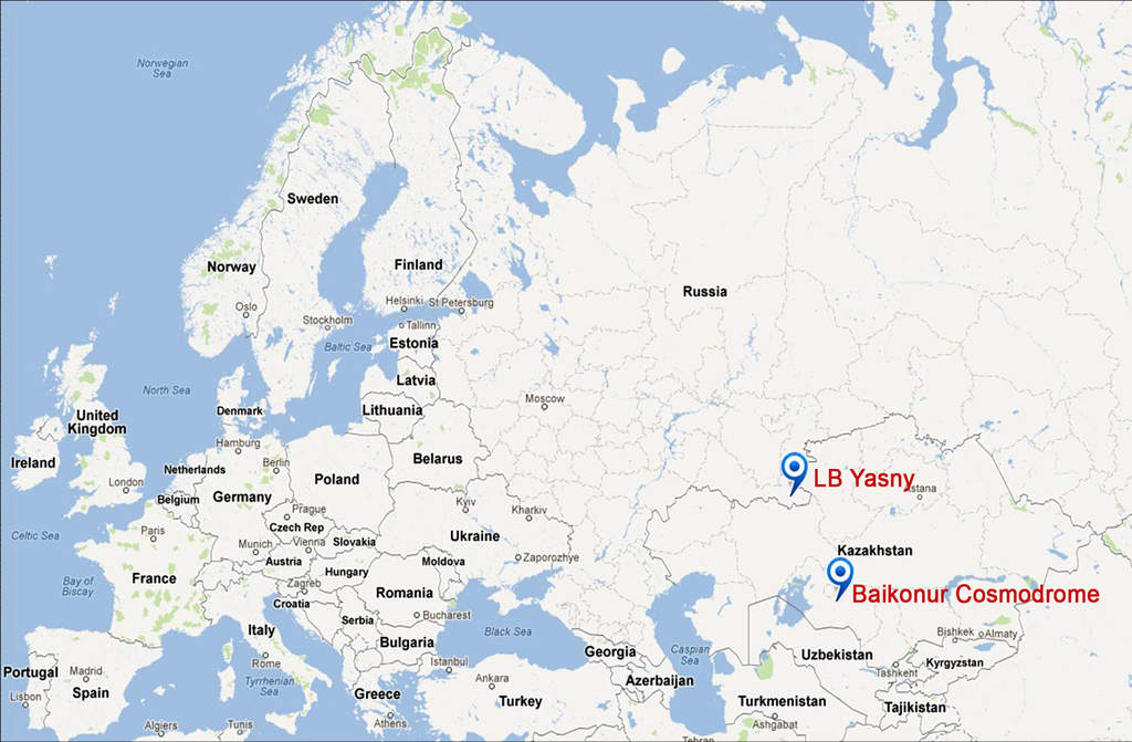 Położenie kosmodromu Jasny na mapie zachodniej Eurazji