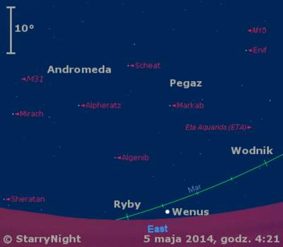 Położenie Wenus oraz radiantu η-Akwarydów w końcu pierwszej dekady maja 2014 r.
